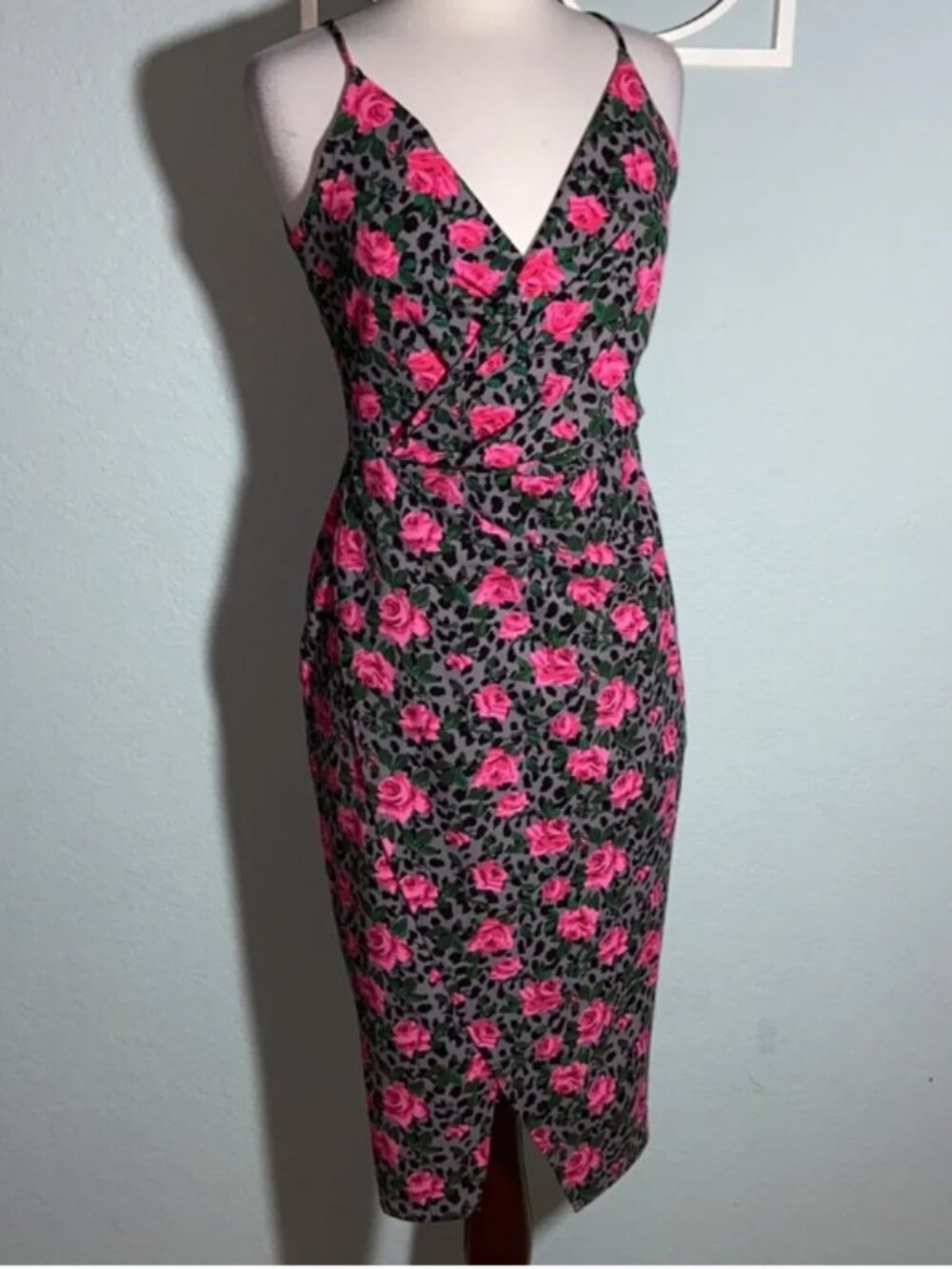 Vintage BETSEY JOHNSON Hot Pink Rose Cheetah Faux Wrap Dress Sz 4